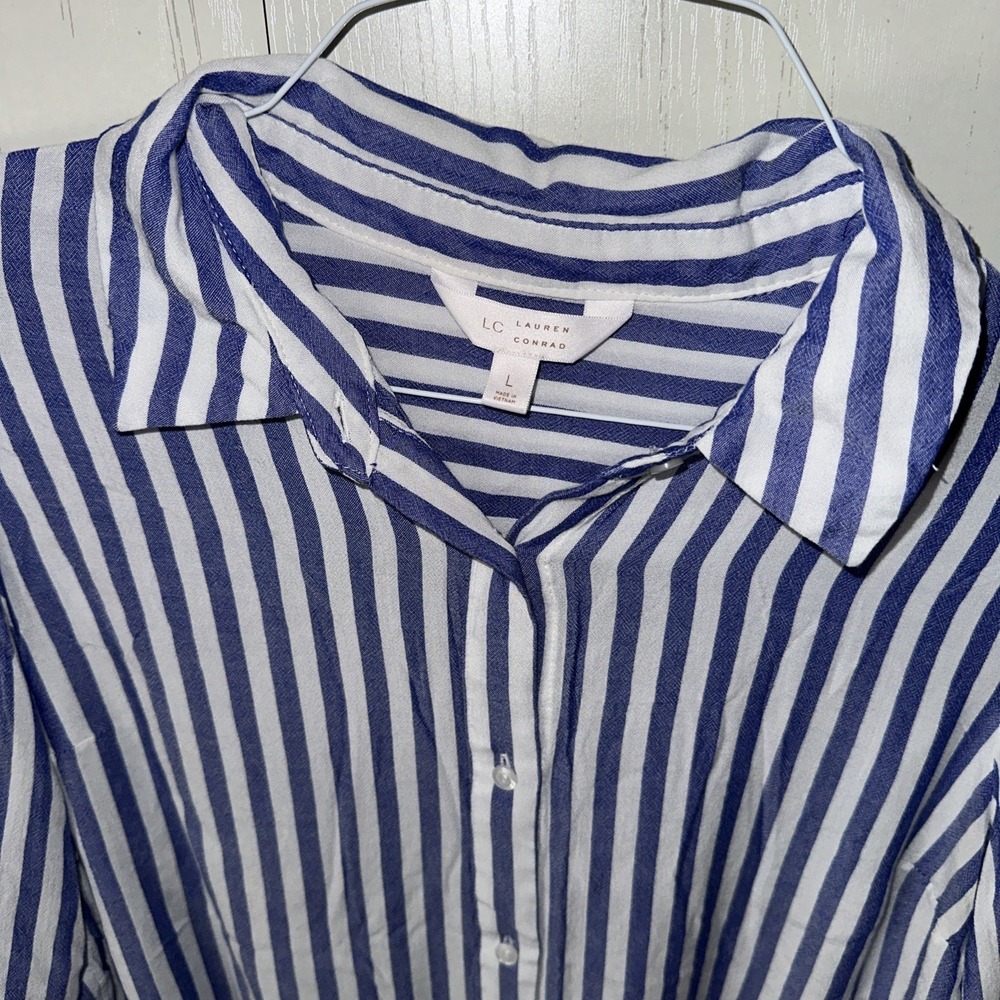 LC Lauren Conrad Womens Blouse Top Striped Tie-Front Top Button Down Large Blue